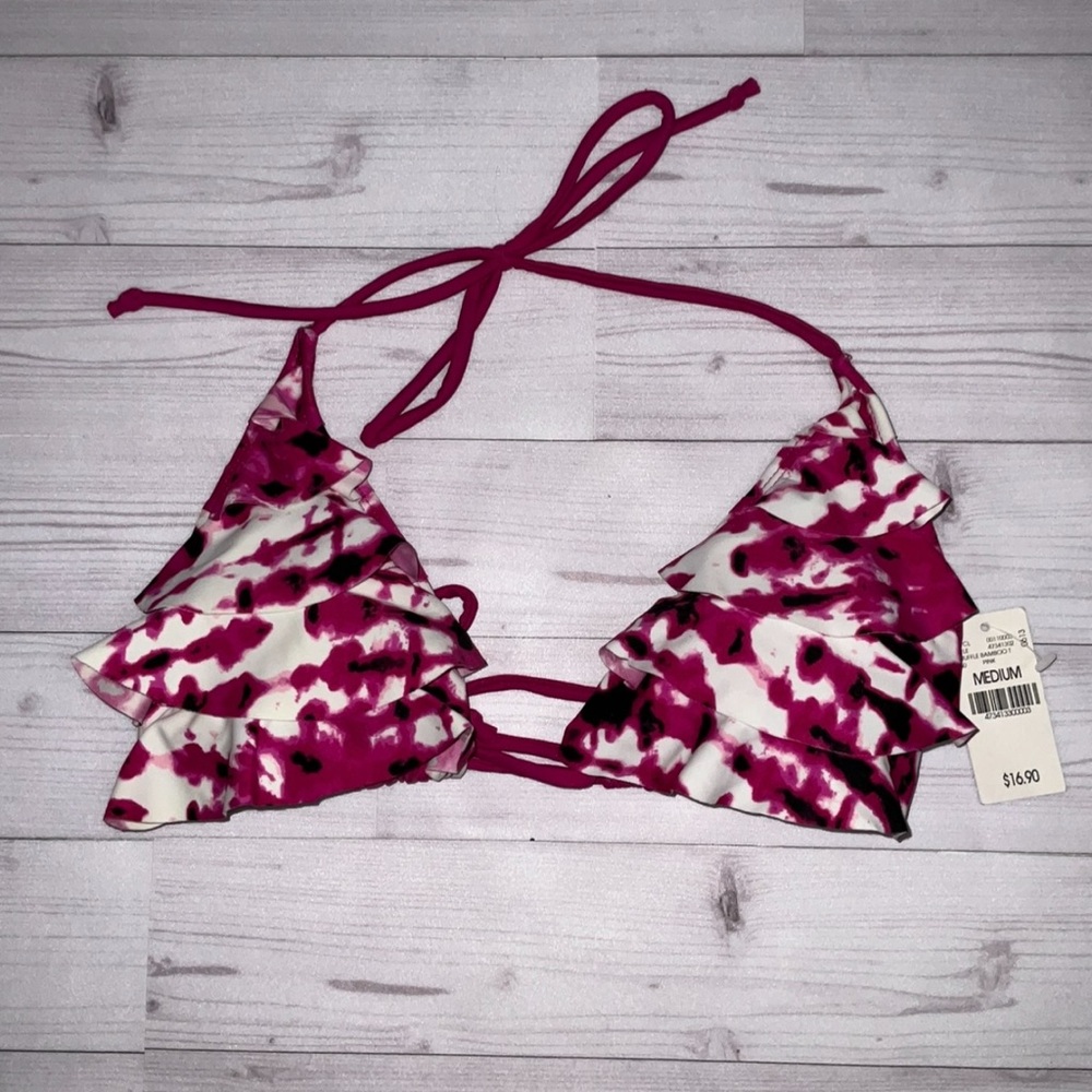 NEW WET SEAL Tie-Dye Bikini Set Pink White Ruffle Triangle Top Side Tie Bottom M - Picture 5 of 13
